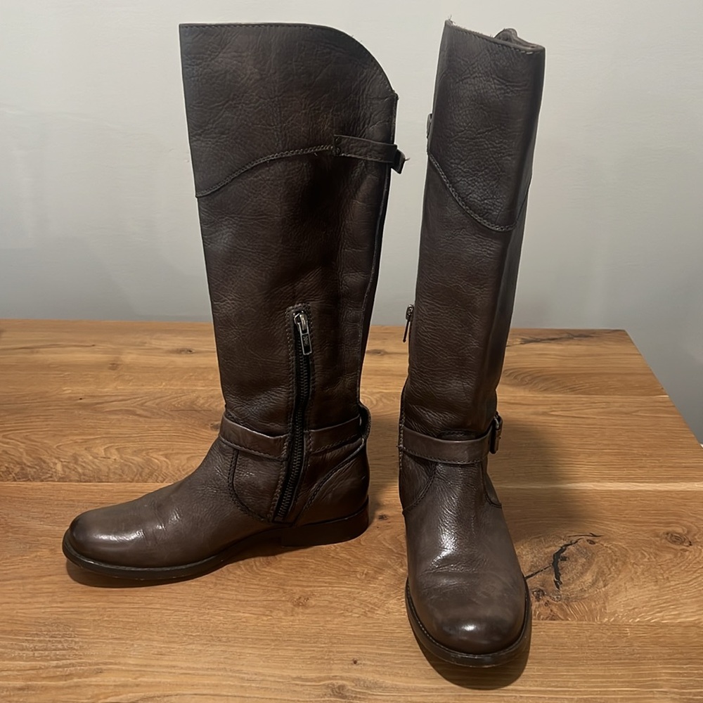 Frye Phillip Brown Leather Tall Riding Boots Buckle Knee High 6B
